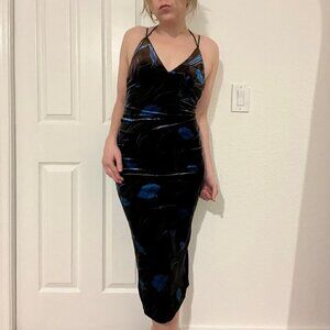 Ecote Brown & Blue Velour Open Back Strapy Midi Dress